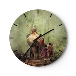 Wall clock - Clock on glass - Children and an elephant in a dense forest in the morning - 30x30cm - New Jungle Book - Modern wall decoration for the living room, kitchen, and bedroom ARTTOR