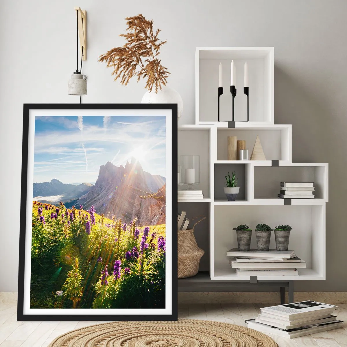Poster in black frame - A mountain landscape with a meadow full of flowers at sunrise - 50x70cm - Secret Life of Herbs - Modern wall decoration for the living room and bedroom ARTTOR