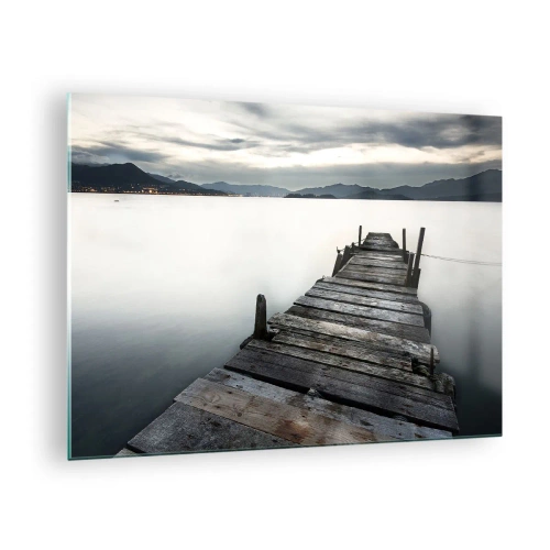 Glass picture - A wooden jetty against the backdrop of a calm lake at dusk - 70x50cm - Submerging in Tranquility - Modern wall decoration for the living room and bedroom ARTTOR
