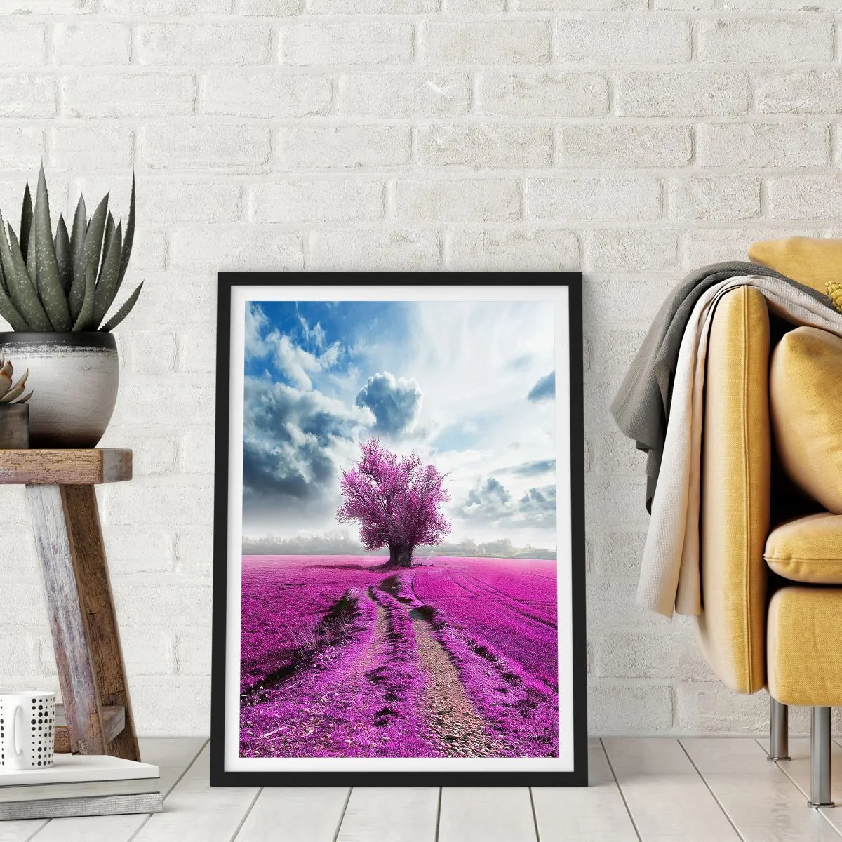 Poster in black frame - A tree in a field in shades of purple - 50x70cm - Heathland Charm - Modern wall decoration for the living room and bedroom ARTTOR