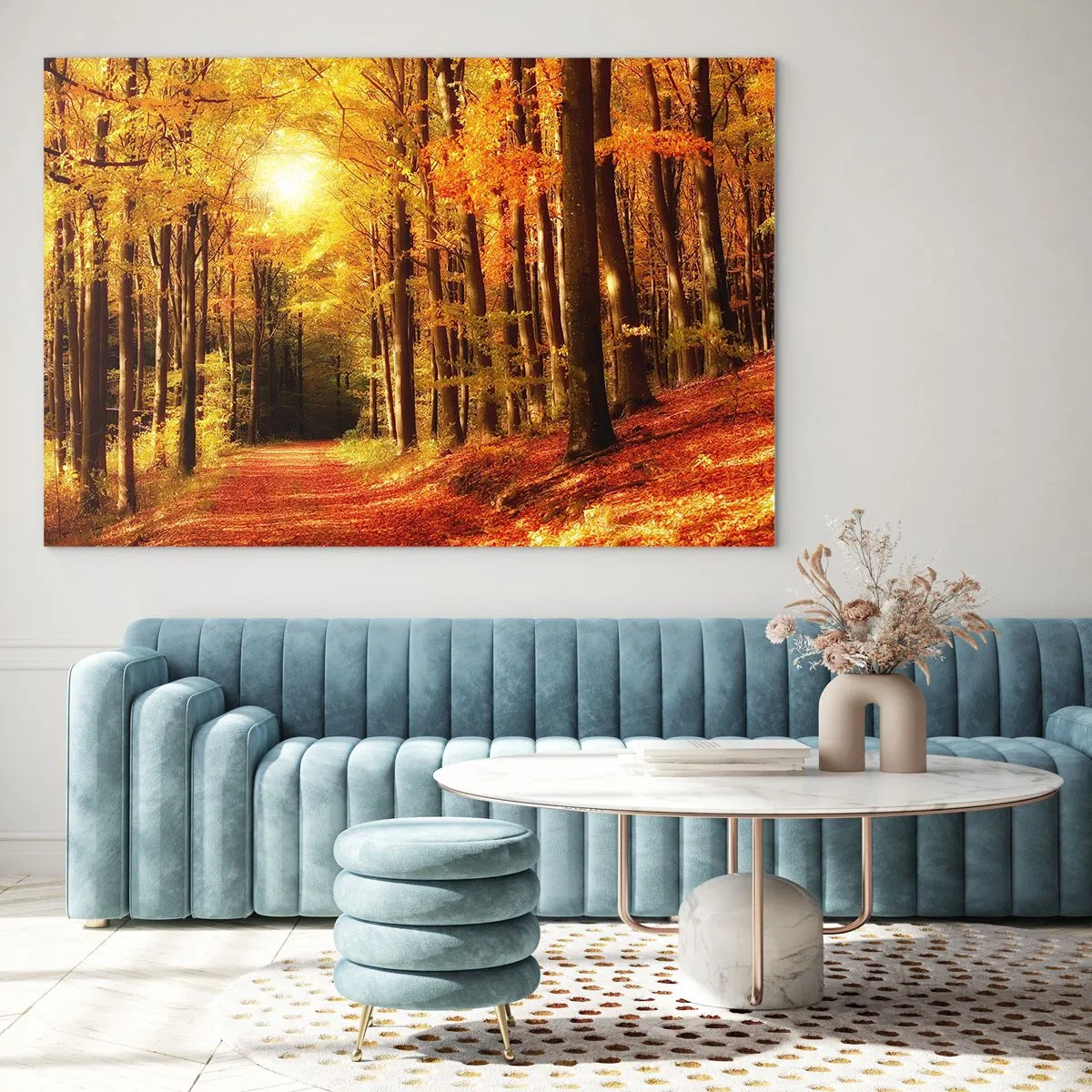 Glass picture - Autumn forest bathed in golden sunlight - 70x50cm - Golden Autumn on a Forest Path - Modern wall decoration for the living room and bedroom ARTTOR
