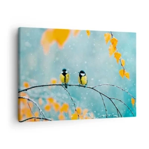 Canvas picture - Two birds on a branch in a winter setting with yellow leaves. - 70x50cm - Birdy Gossip - Modern wall decoration for the living room and bedroom ARTTOR
