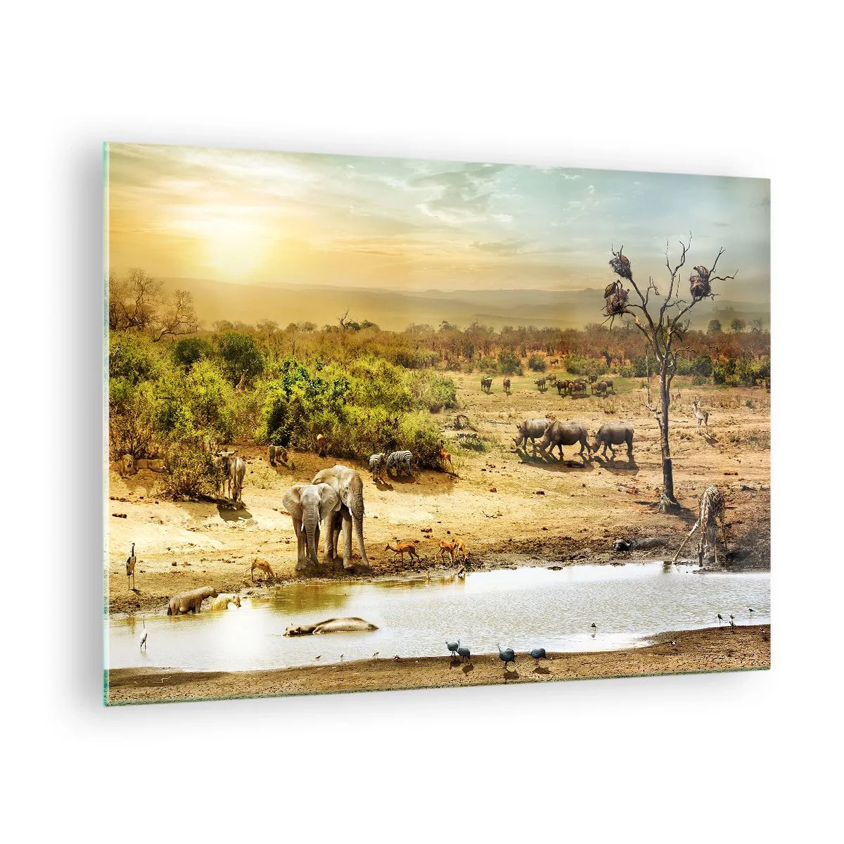 Glass picture - Elephants and animals at a watering hole against the backdrop of an African landscape - 70x50cm - There Is a River that Flows from Eden - Modern wall decoration for the living room and bedroom ARTTOR