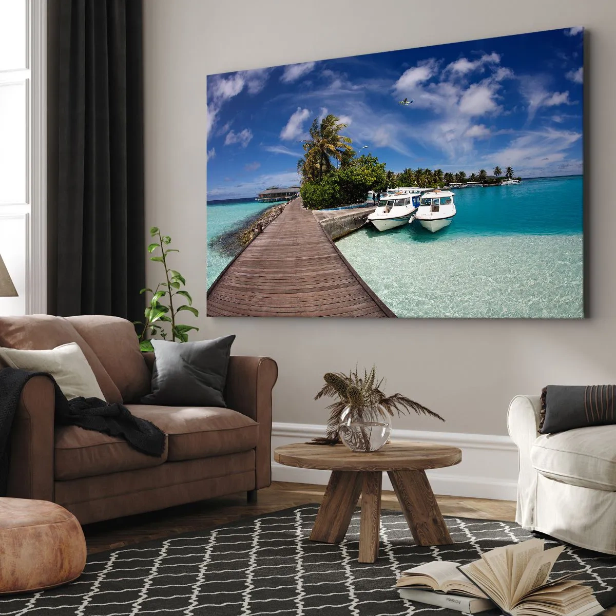 Canvas picture - A jetty over a turquoise sea with boats and palm trees - 70x50cm - So Paradise Exists - Modern wall decoration for the living room and bedroom ARTTOR
