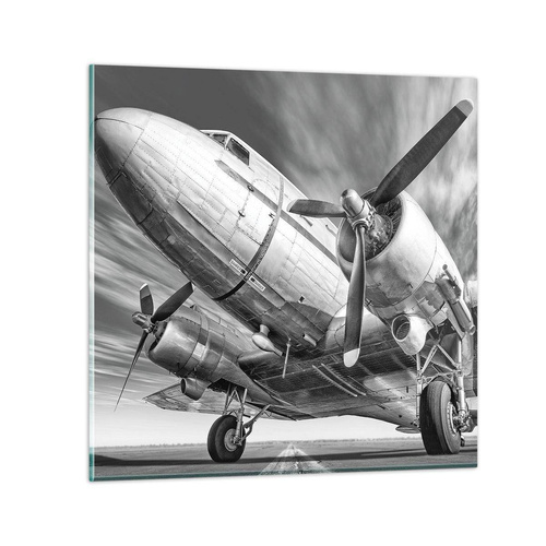 Glass picture Arttor 50x50 cm - Always Ready to Fly - Plane, Retro, Aircraft, Airport, Black And White, For living-room, For bedroom, White, Black, Horizontal, Glass, GAC50x50-4952
