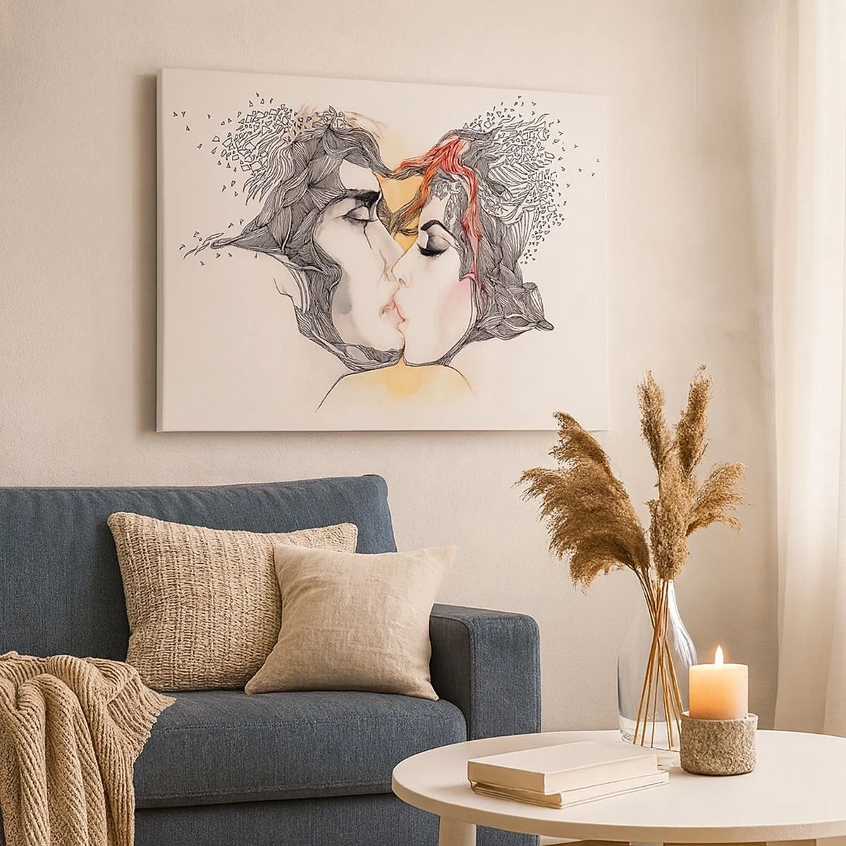 Canvas picture - Artistic portrait of a couple with abstract hair motifs - 70x50cm - World Does Not Exist - Modern wall decoration for the living room and bedroom ARTTOR