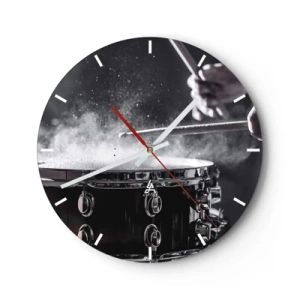 Wall clock - Clock on glass - Drums in action, with dust flying as they hit - 30x30cm - Pulse of Music - Modern wall decoration for the living room, kitchen, and bedroom ARTTOR