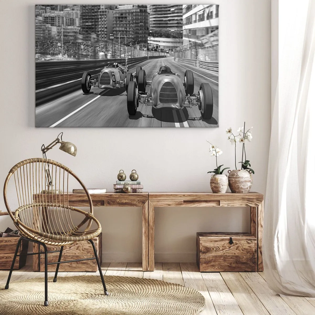 Canvas picture - Monochrome retro car race scene - 70x50cm - Long Time Ago in Monte Carlo - Modern wall decoration for the living room and bedroom ARTTOR