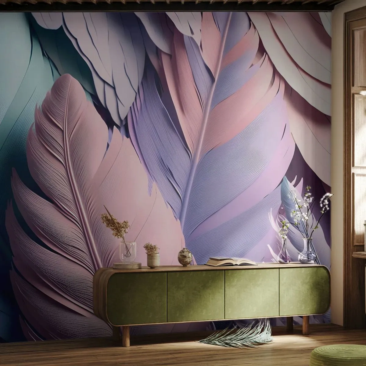 Photo Wallpaper Premium Canvas - Birdie Chic - Pastel, Feathers, Lightness - 250x175 cm