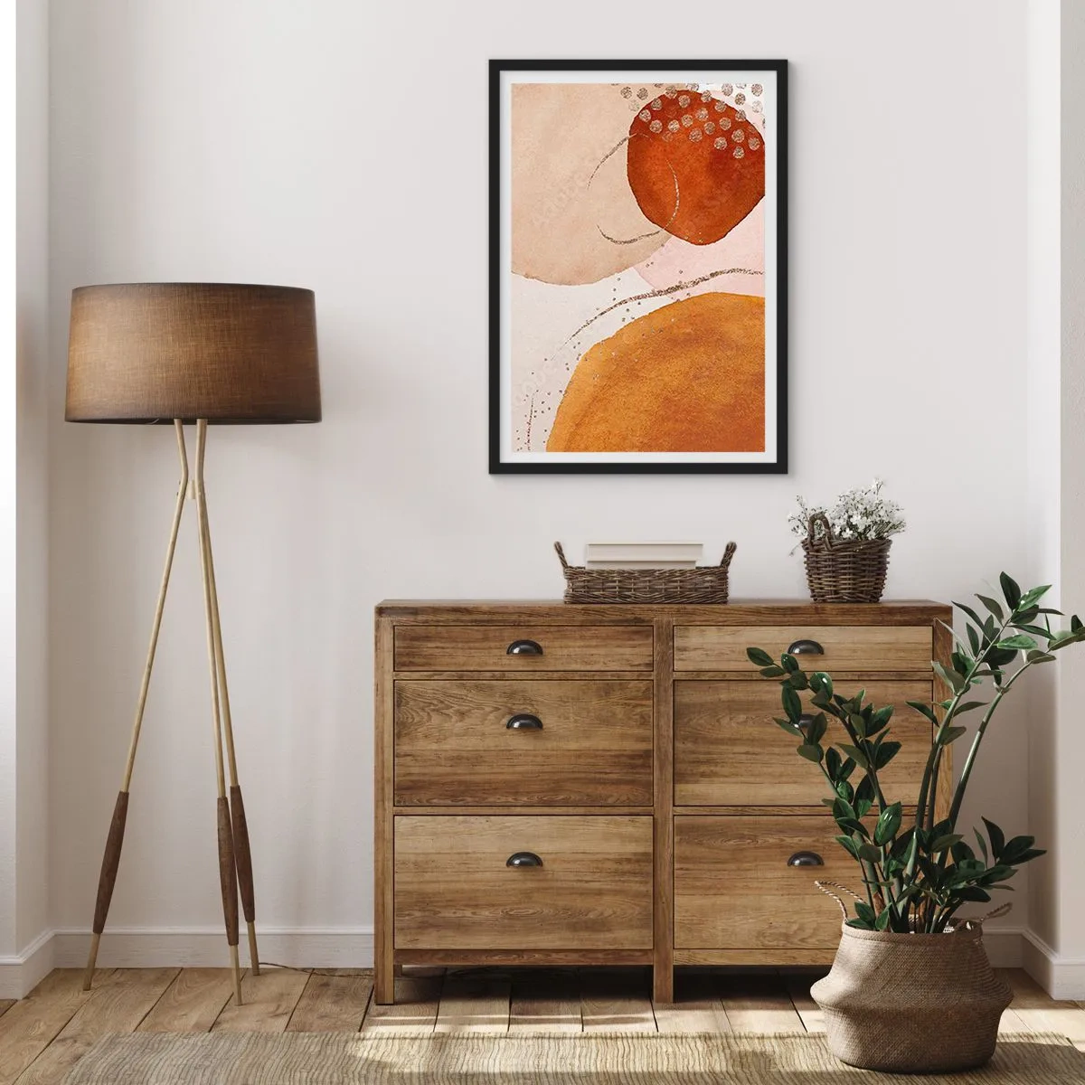 Poster in black frame - Abstract shapes in shades of beige, brown and gold - 50x70cm - Roundness and Movement - Modern wall decoration for the living room and bedroom ARTTOR
