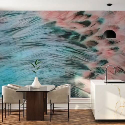 Photo Wallpaper Standard Eco - Sapphire and Pink Feathers - Abstraction, Piece, Bird feathers - 450x315 cm