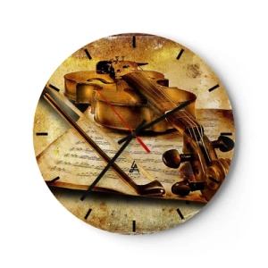 Wall clock - Clock on glass - A violin motif with musical notes on a gold-toned background - 30x30cm - Virtuoso Wanted - Modern wall decoration for the living room, kitchen, and bedroom ARTTOR