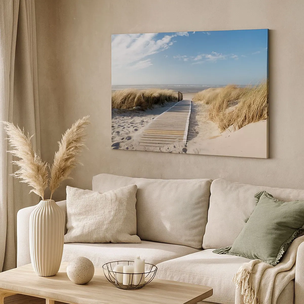 Canvas picture - A wooden path leads through the dunes to the calm sea - 70x50cm - Behind a Dune, in the Hum of Trees - Modern wall decoration for the living room and bedroom ARTTOR