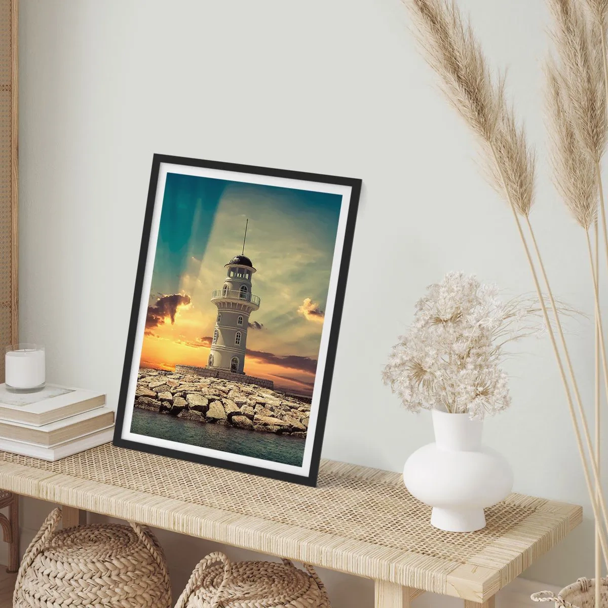 Poster in black frame - Lighthouse at sunset - 50x70cm - Light, Hope, Beauty - Modern wall decoration for the living room and bedroom ARTTOR
