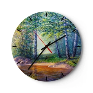 Wall clock - Clock on glass - A picturesque birch forest with a river illuminated by the sun's rays - 30x30cm - Idyllic Scenery - Modern wall decoration for the living room, kitchen, and bedroom ARTTOR