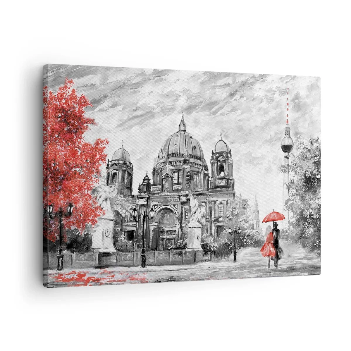Canvas picture - Black and white scene with Berlin, a red umbrella, and a tree - 70x50cm - Berlin Encounter - Modern wall decoration for the living room and bedroom ARTTOR