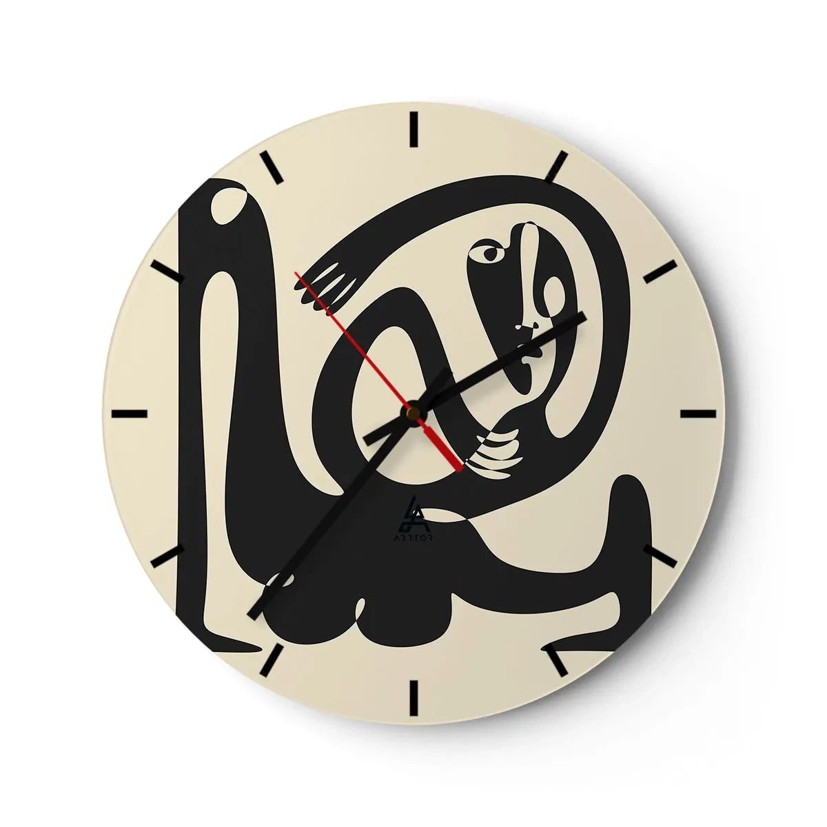 Wall clock - Clock on glass - A black figure in an abstract style on a cream background - 30x30cm - Almost Picasso - Modern wall decoration for the living room, kitchen, and bedroom ARTTOR