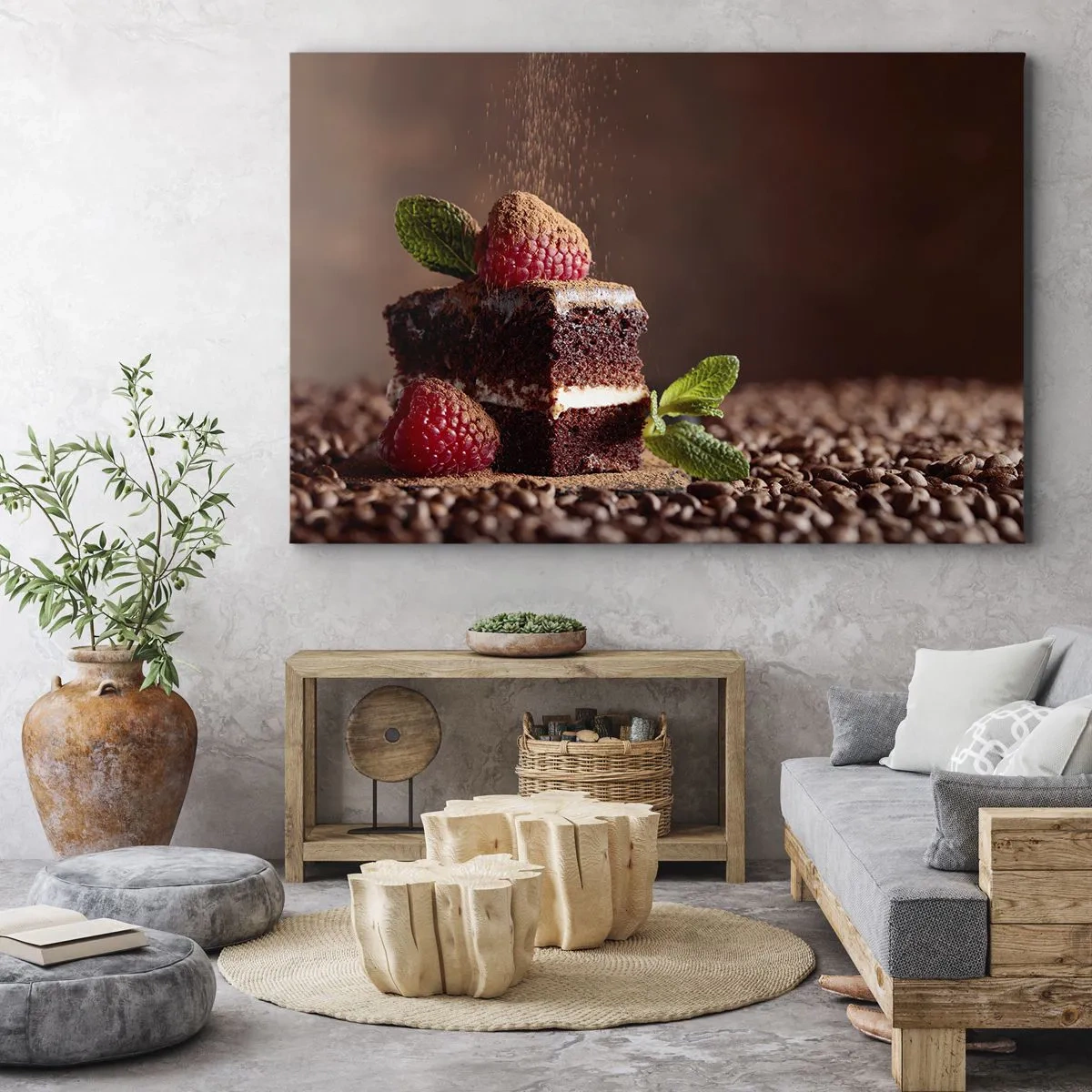 Canvas picture - Chocolate cake with raspberries and mint on a background of cocoa beans - 70x50cm - Life Is Sweet - Modern wall decoration for the living room and bedroom ARTTOR