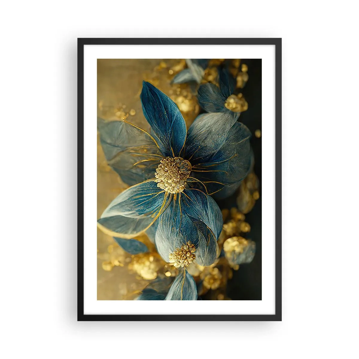 Poster in black frame - Gold and navy blue flowers in an elegant composition - 50x70cm - Blossoming in Gold - Modern wall decoration for the living room and bedroom ARTTOR