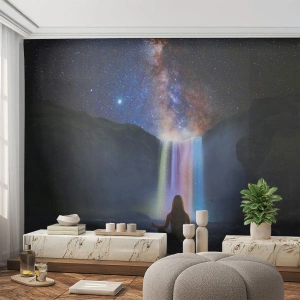 Photo Wallpaper Standard Eco - A woman meditates in front of a waterfall under a starry sky. - 100x70cm - Absolute Harmony - Modern wall decoration for the living room and bedroom ARTTOR