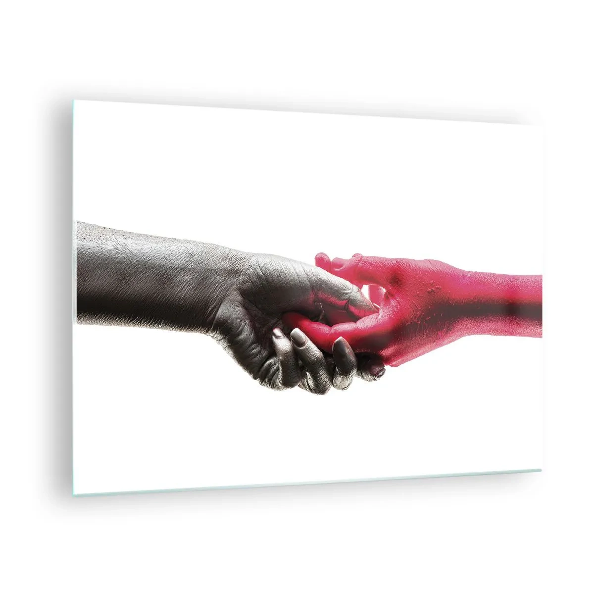 Glass picture - Close-up of two hands, one in black, the other in red, holding each other - 70x50cm - Together, although Different - Modern wall decoration for the living room and bedroom ARTTOR