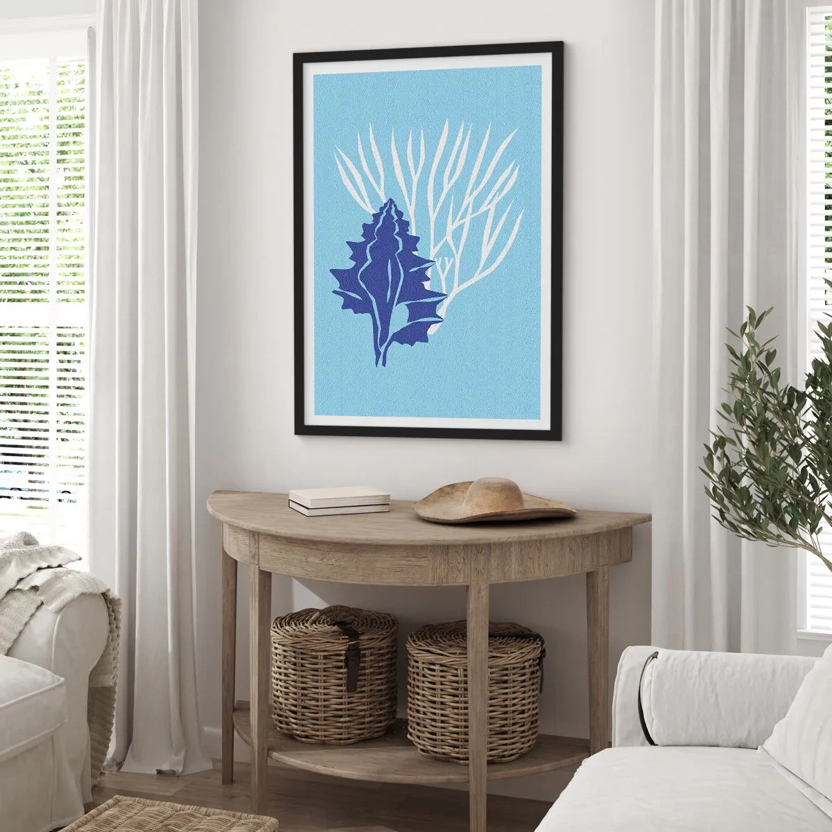 Poster in black frame - Nautical graphic of shells and coral on a blue background - 50x70cm - Leaf Forms - Modern wall decoration for the living room and bedroom ARTTOR