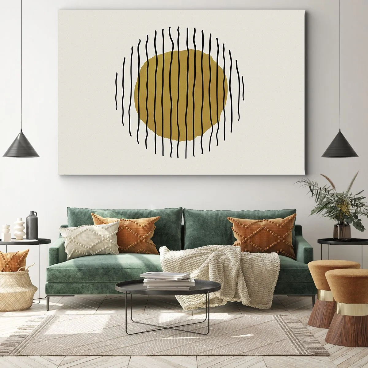 Canvas picture - A minimalist motif with a yellow circle and black lines. - 70x50cm - Abstract Shivering from Heat - Modern wall decoration for the living room and bedroom ARTTOR