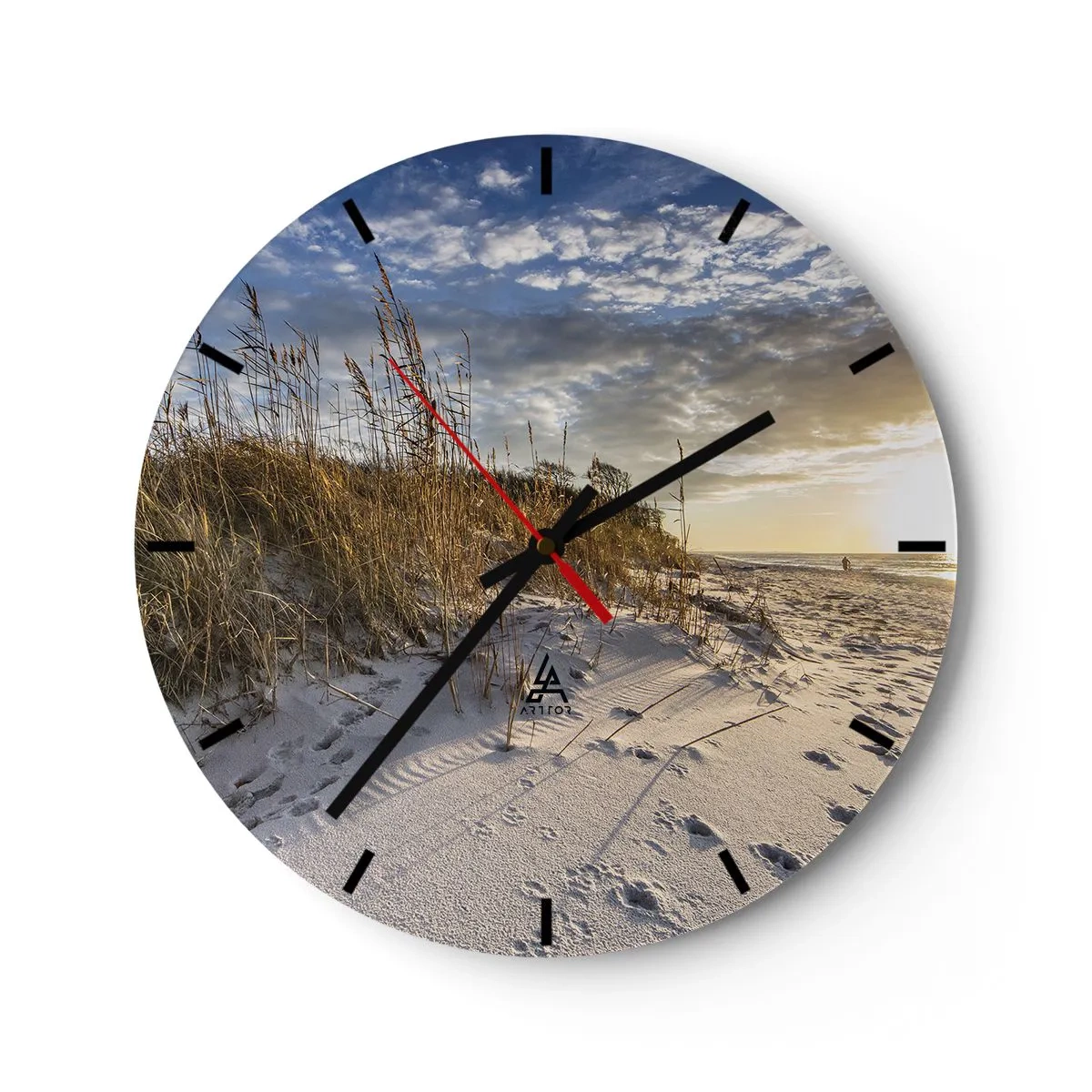 Wall clock - Clock on glass - Sandy beach with grass at sunset - 30x30cm - Invitation to a Walk - Modern wall decoration for the living room, kitchen, and bedroom ARTTOR