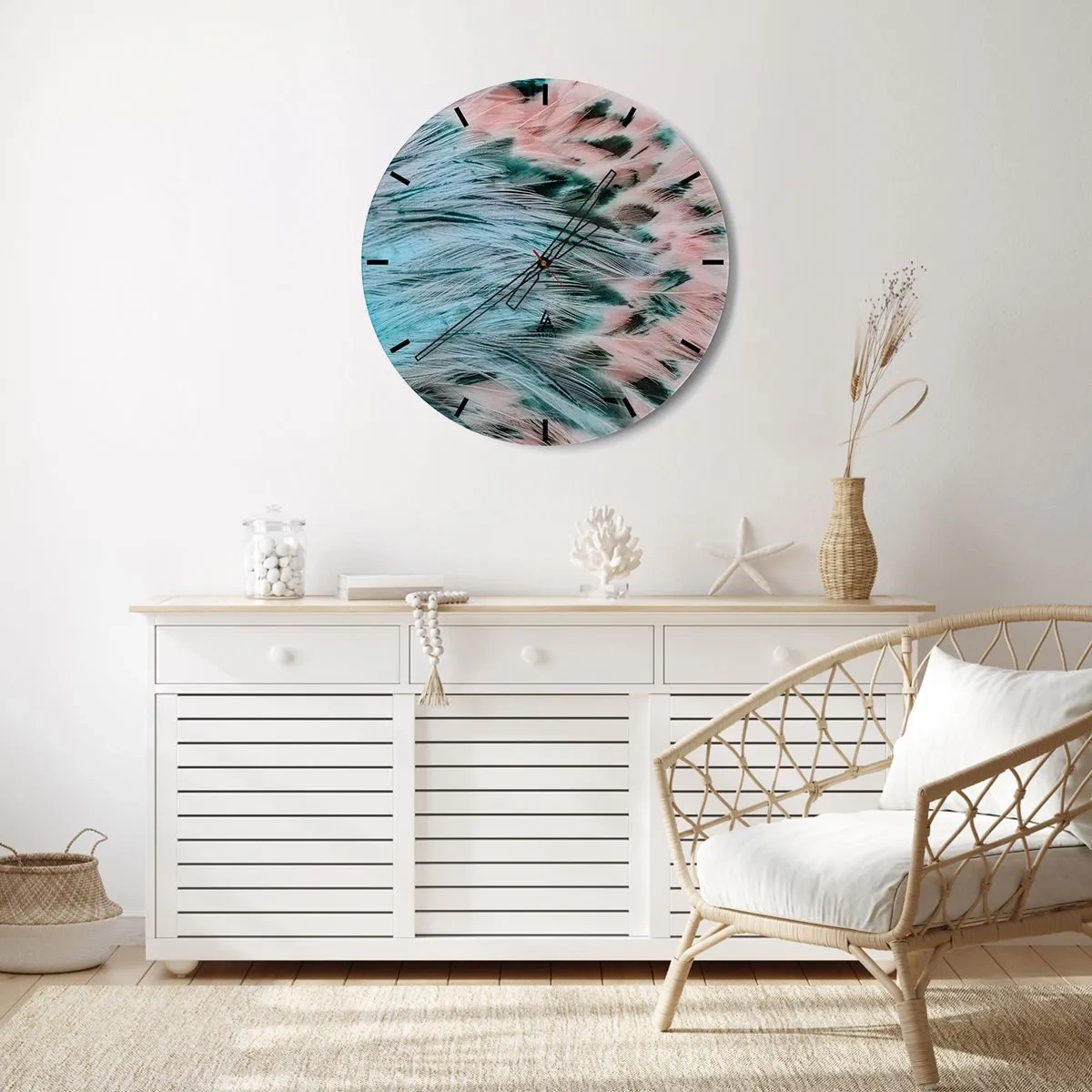 Wall clock - Clock on glass - Abstract feather pattern in shades of sapphire and pink - 30x30cm - Sapphire and Pink Feathers - Modern wall decoration for the living room, kitchen, and bedroom ARTTOR