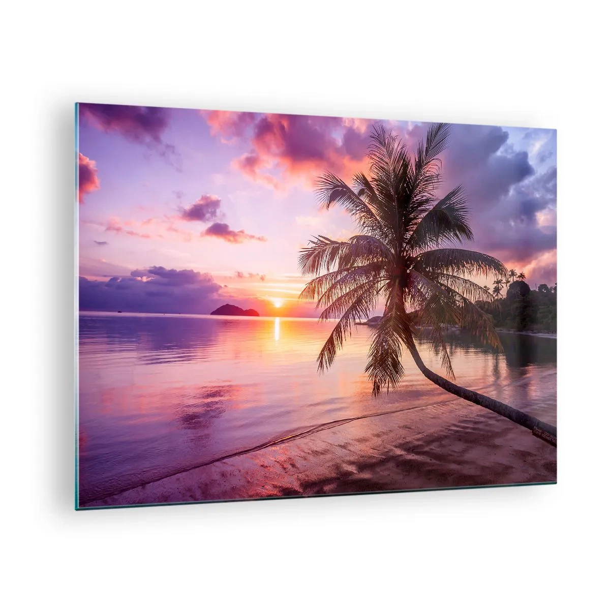 Glass picture - Exotic beach with a palm tree at sunset - 70x50cm - Bliss up to the Horizon - Modern wall decoration for the living room and bedroom ARTTOR