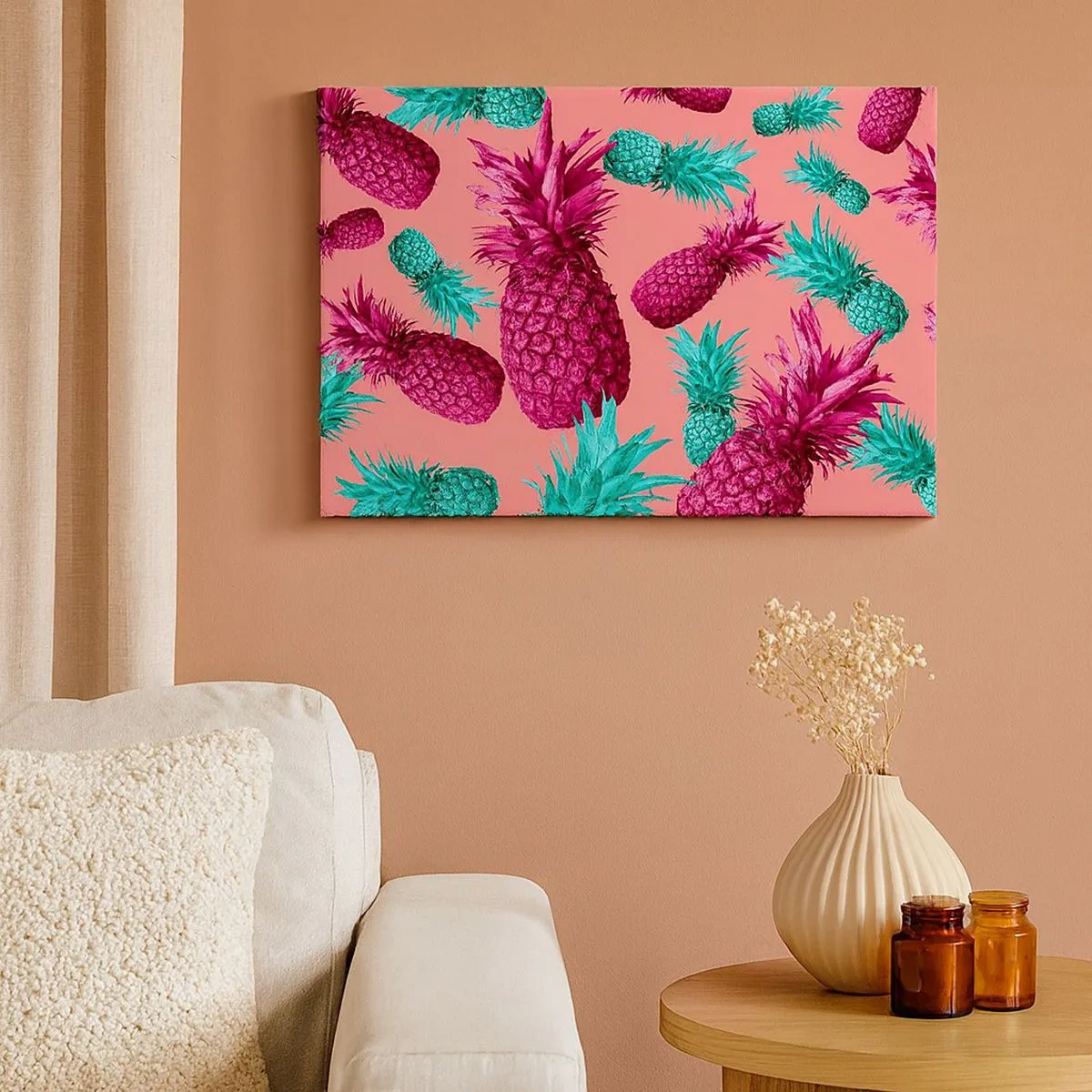 Canvas picture - Exotic pineapples in pink and turquoise colors - 70x50cm - Freedom is Sweet - Modern wall decoration for the living room and bedroom ARTTOR