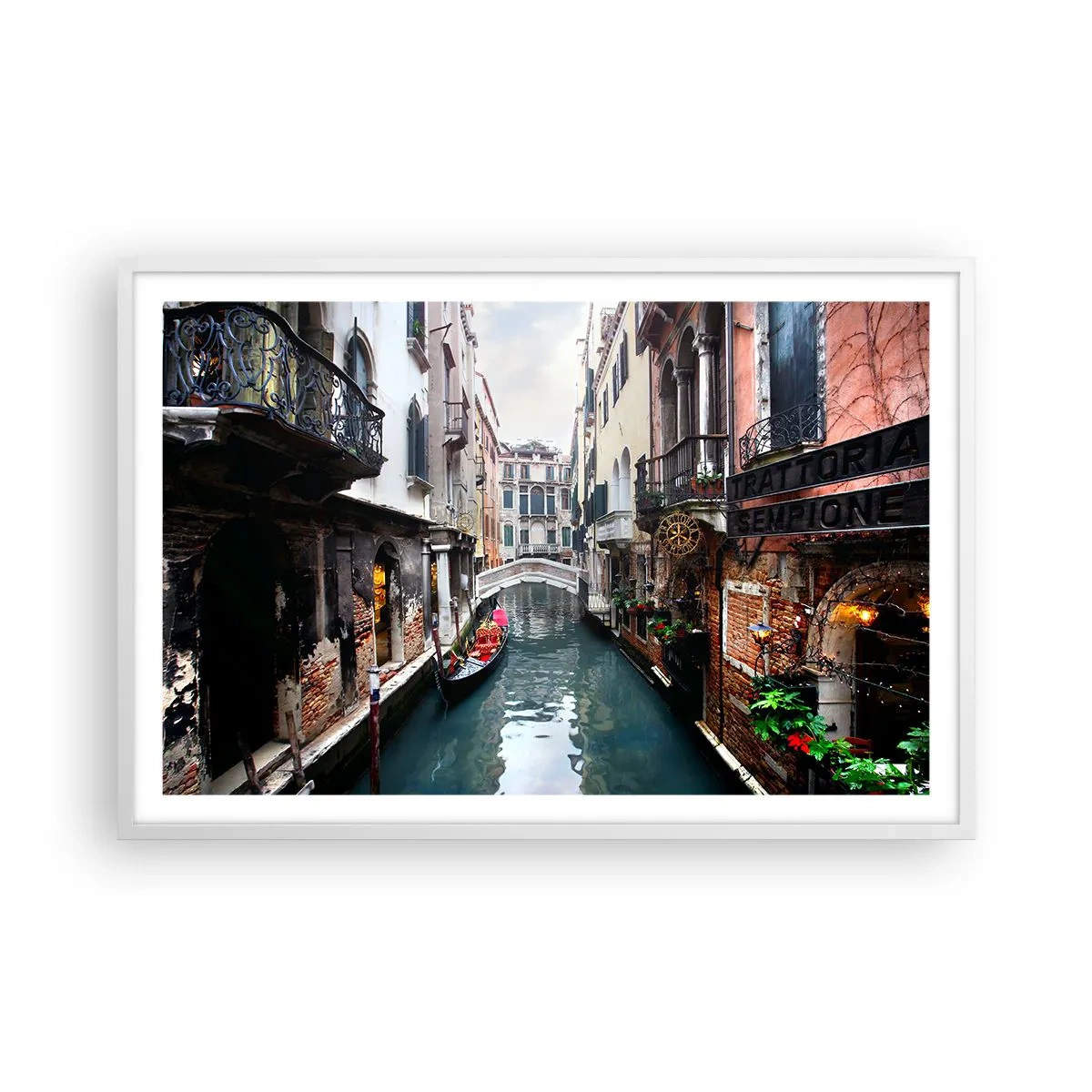 Poster in white frmae - Venetian View with a Gondola and a Bridge - 91x61 cm