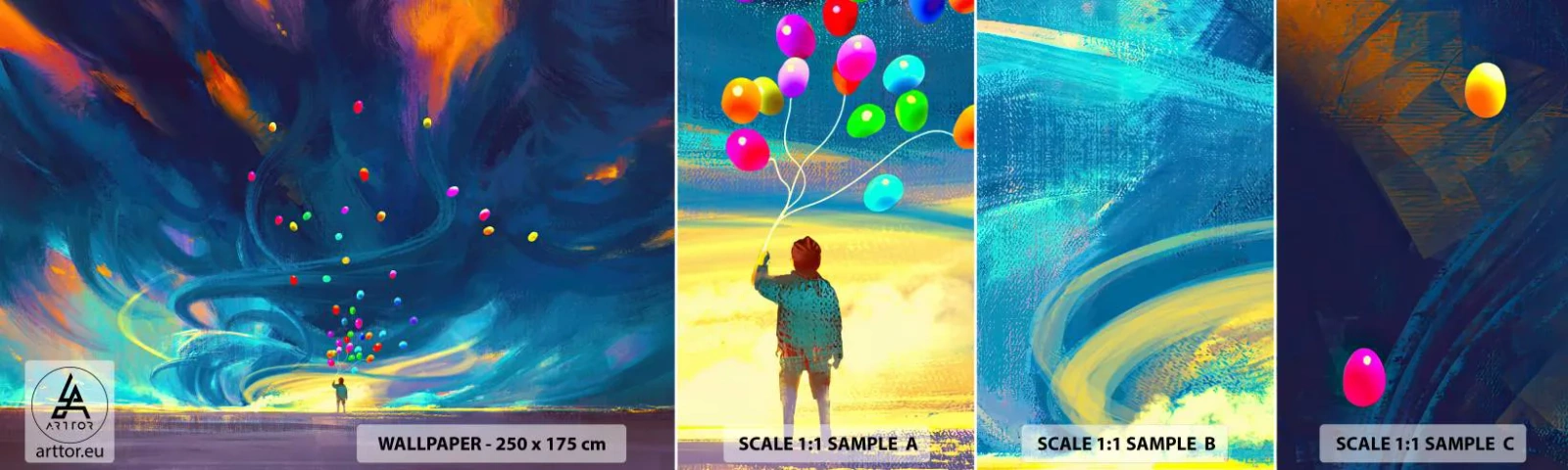 Photo Wallpaper Sample Self-Adhesive Deluxe Sticker - On Blue Wind - For children, Colorful Balloons, Abstraction - 100x30 cm