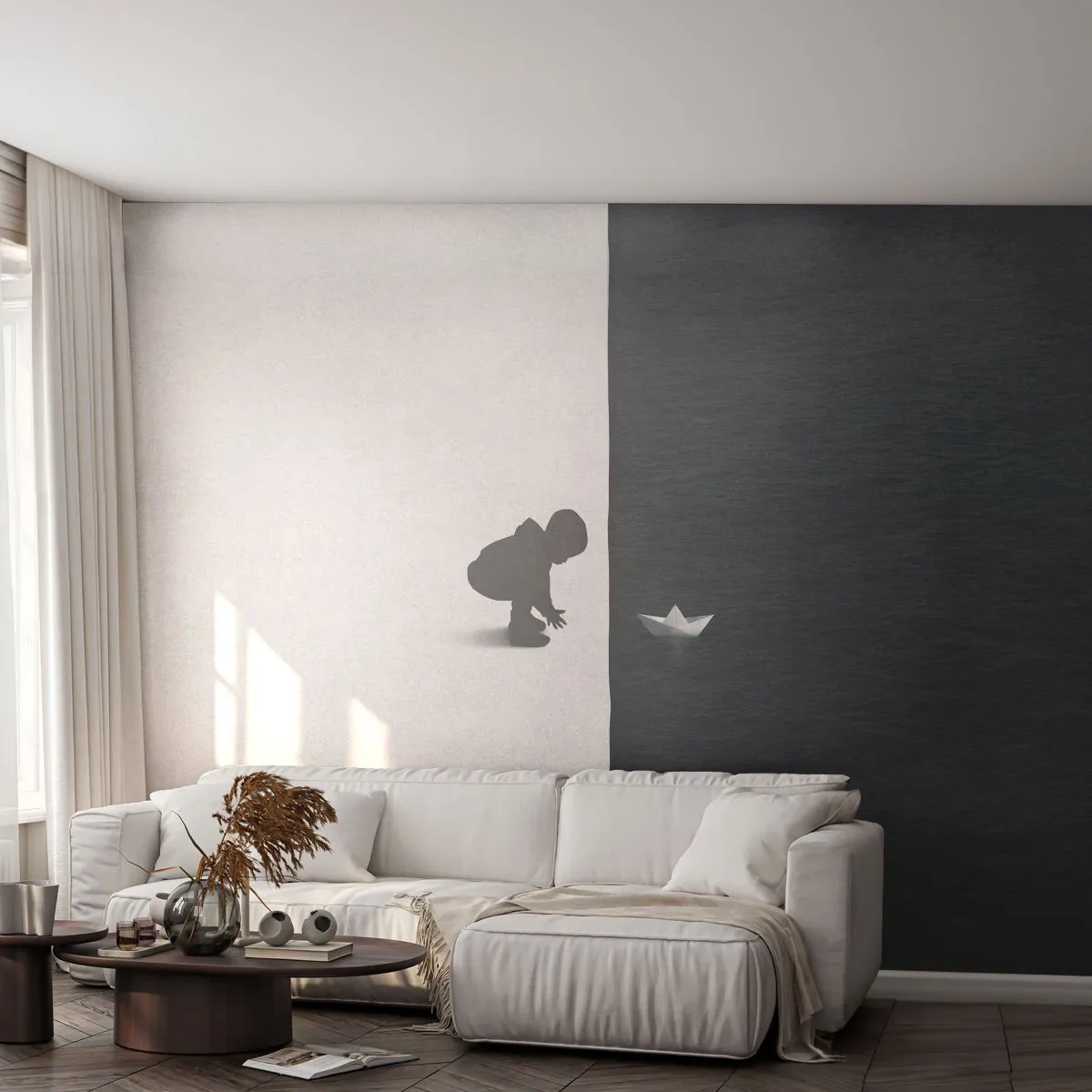 Photo Wallpaper Premium Canvas - Big Voyage - Kid, Black and white, Water - 250x175 cm