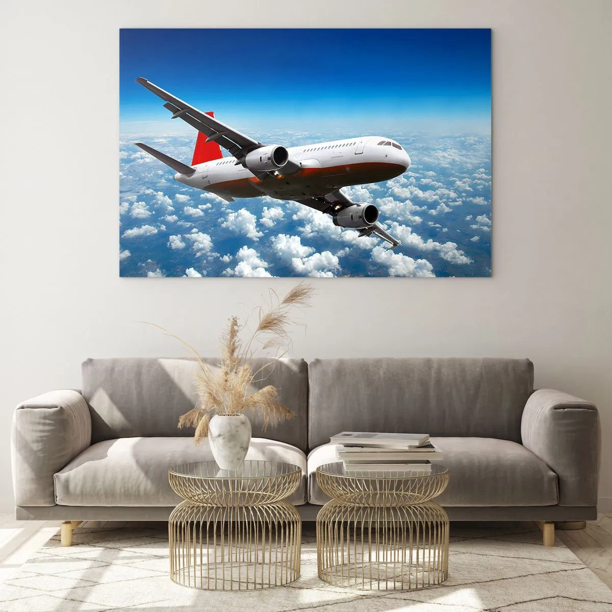 Glass picture - A passenger plane flying above the clouds against a blue sky - 70x50cm - Leave Everything Behind - Modern wall decoration for the living room and bedroom ARTTOR