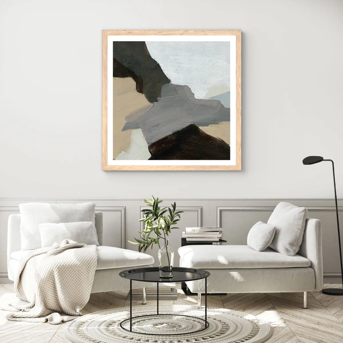 Poster in light oak frame - Abstract: Crossroads of Grey - 30x30 cm