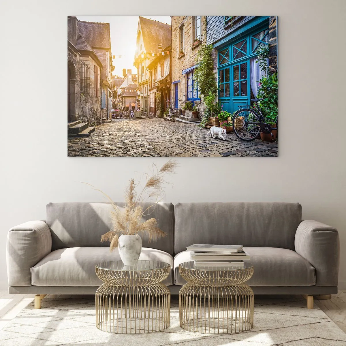 Glass picture - A charming street in the town with a white cat and a bicycle - 70x50cm - White Spirit of a Town - Modern wall decoration for the living room and bedroom ARTTOR
