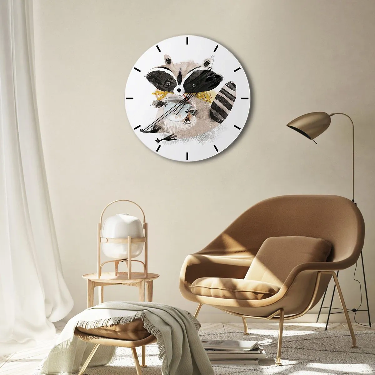 Wall clock - Clock on glass - A cute raccoon holding a mug of hot drink on a white background - 30x30cm - My Friend Raccoon - Modern wall decoration for the living room, kitchen, and bedroom ARTTOR