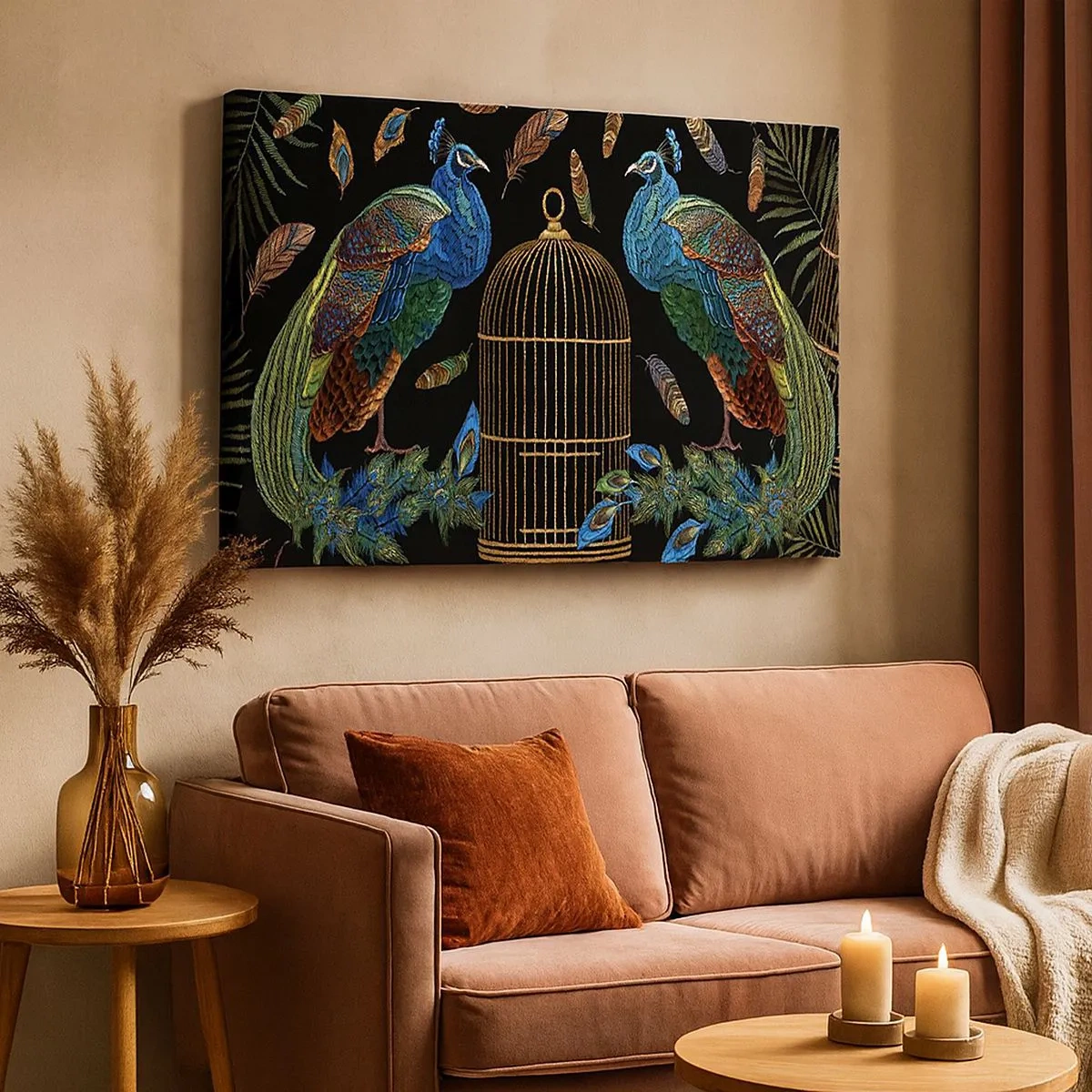 Canvas picture - Peacocks next to a golden cage on a black background - 70x50cm - In Royal Robes - Modern wall decoration for the living room and bedroom ARTTOR