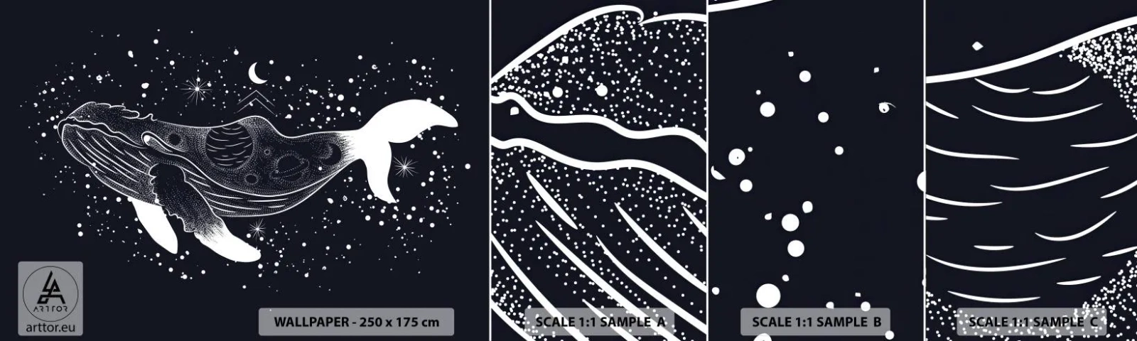 Photo Wallpaper Sample Standard Eco - In the Ocean of Universe - Abstraction, Whale, Black and white - 100x30 cm