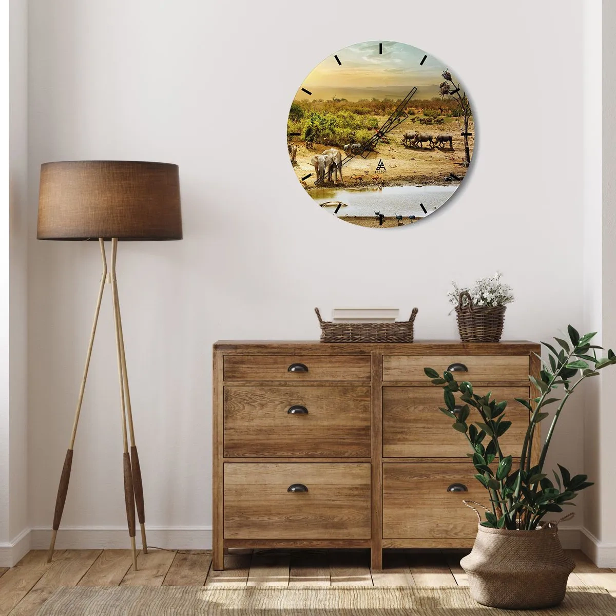 Wall clock - Clock on glass - Savannah with wild animals at a watering hole at sunset - 30x30cm - There Is a River that Flows from Eden - Modern wall decoration for the living room, kitchen, and bedroom ARTTOR