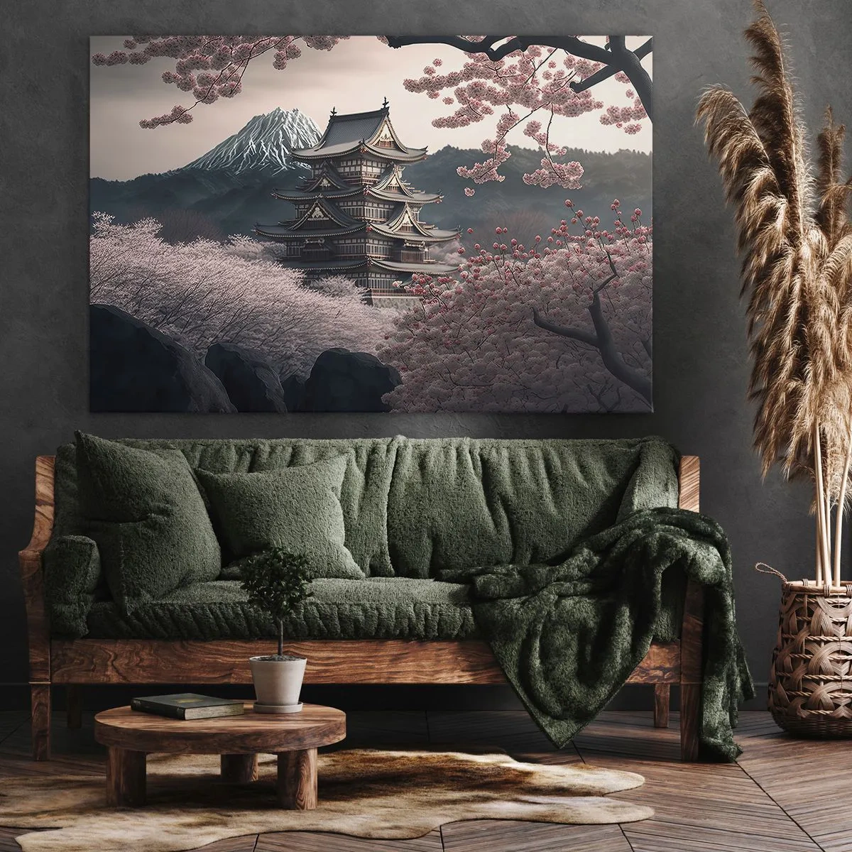 Canvas picture - Japanese temple surrounded by cherry blossoms and mountains - 70x50cm - Land of Cherry Blossoms - Modern wall decoration for the living room and bedroom ARTTOR