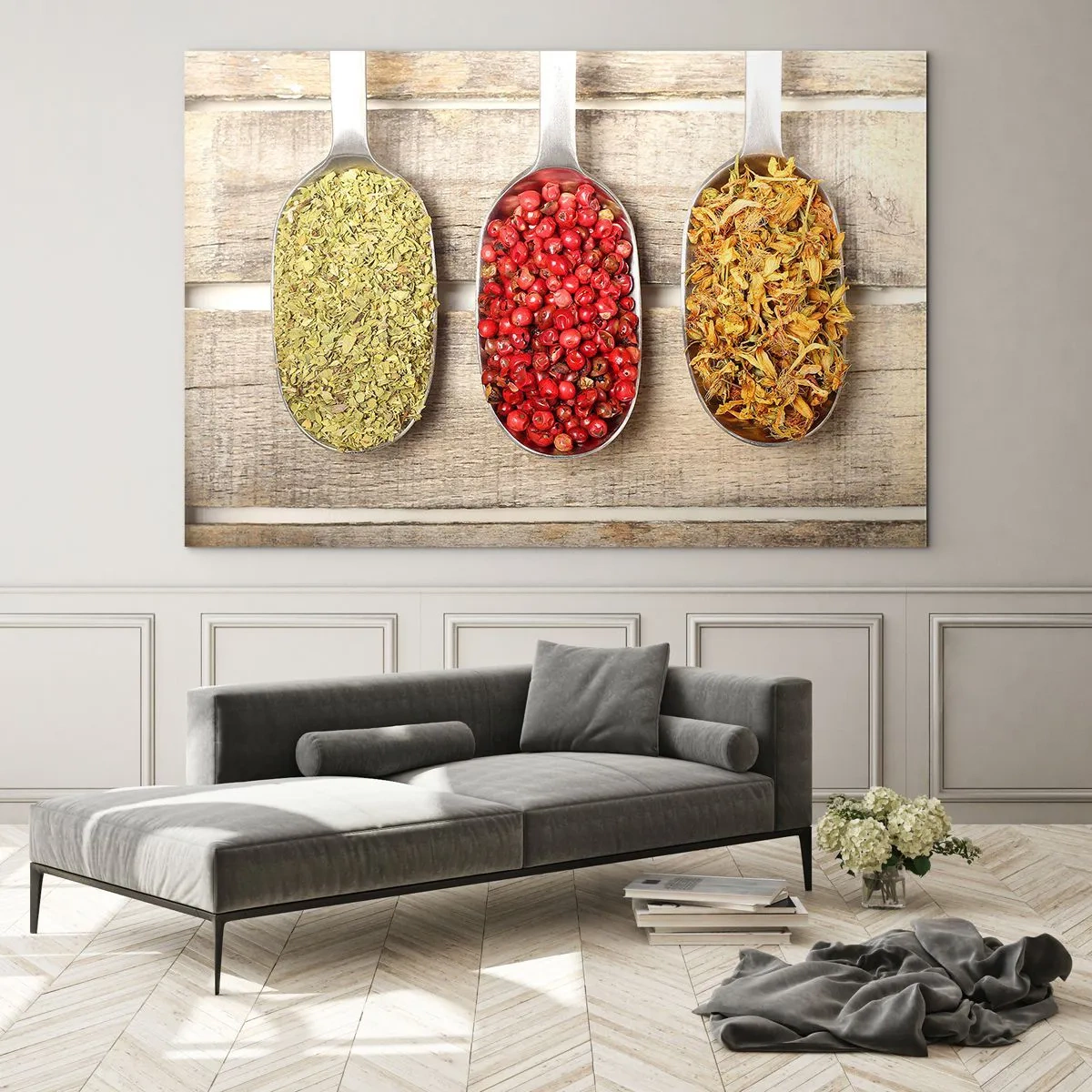 Glass picture - Three spoons with spices on a rustic wooden background - 70x50cm - Kitchen Magic - Modern wall decoration for the living room and bedroom ARTTOR