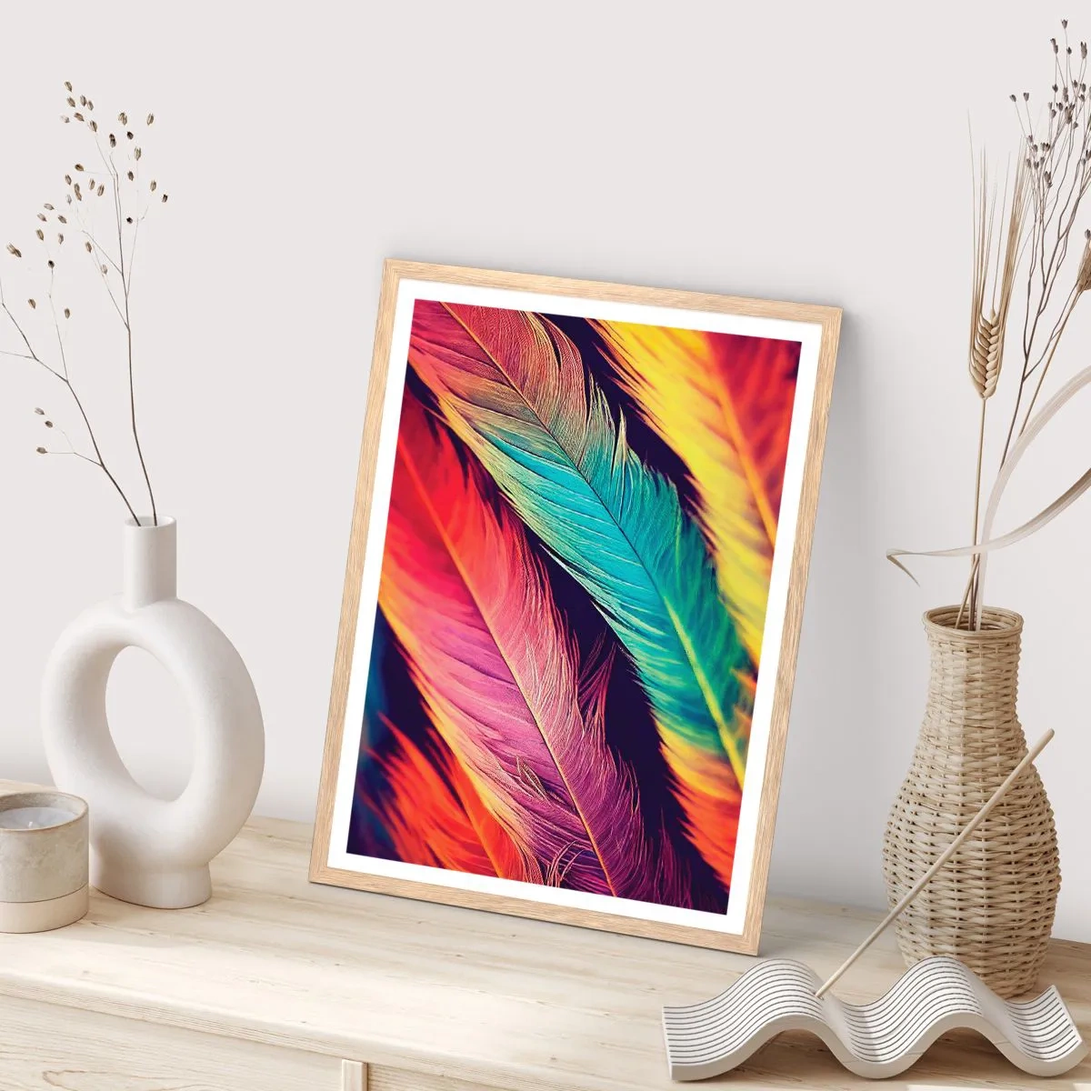Poster in light oak frame - Feathered Rainbow - 61x91 cm