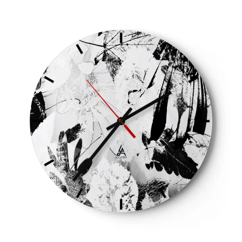 Wall clock - Clock on glass - Black and white floral and leaf pattern in an artistic style - 30x30cm - Autumn in a Negative - Modern wall decoration for the living room, kitchen, and bedroom ARTTOR