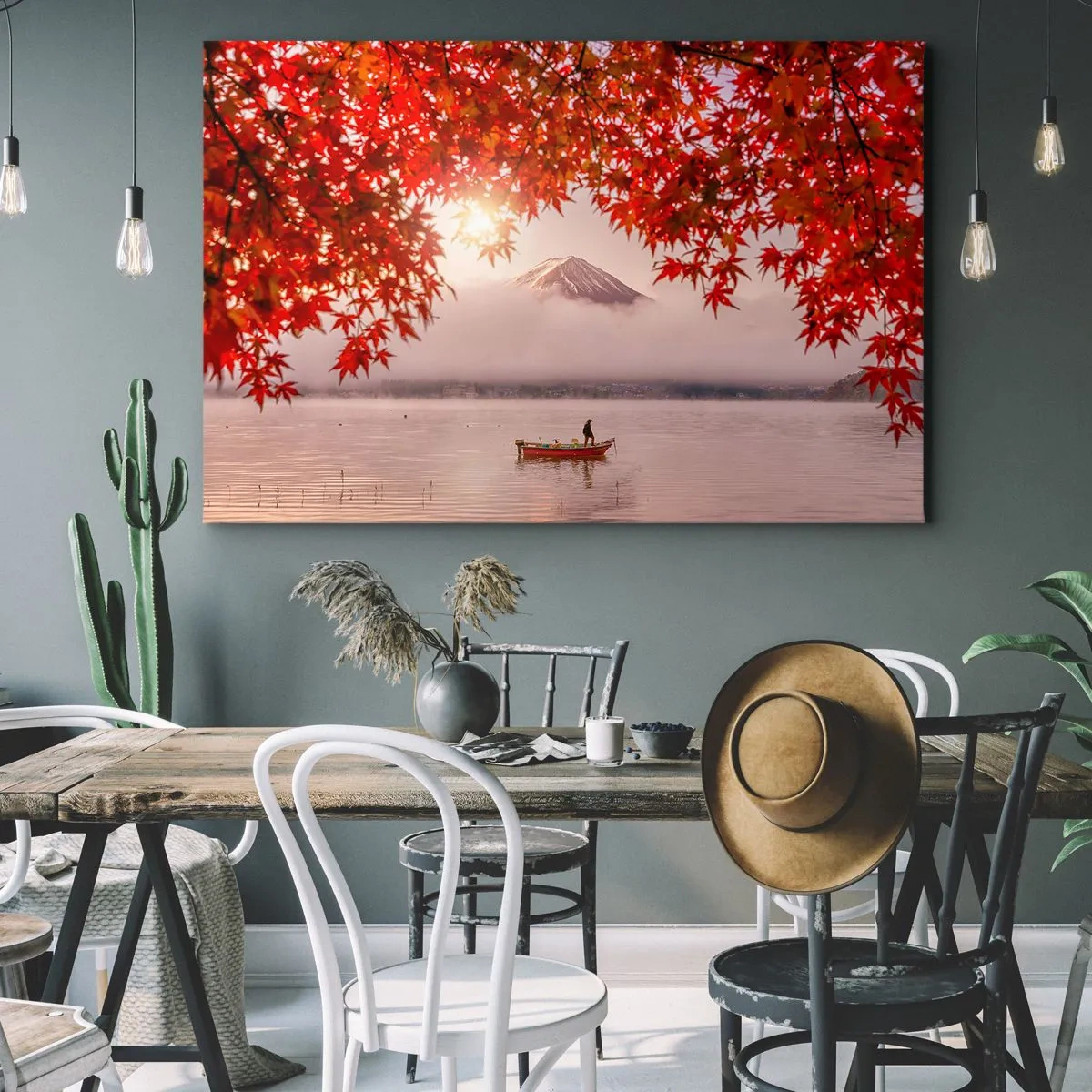 Canvas picture - A boat on a lake surrounded by red maple leaves - 70x50cm - In Japanese Style - Modern wall decoration for the living room and bedroom ARTTOR