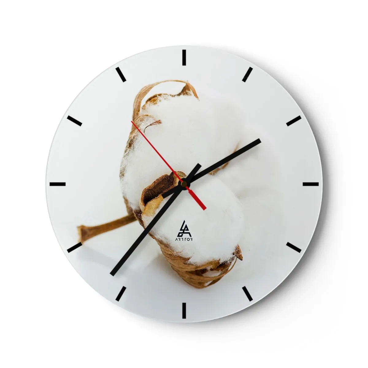 Wall clock - Clock on glass - A natural cotton branch on a white background - 30x30cm - Soft By Nature - Modern wall decoration for the living room, kitchen, and bedroom ARTTOR