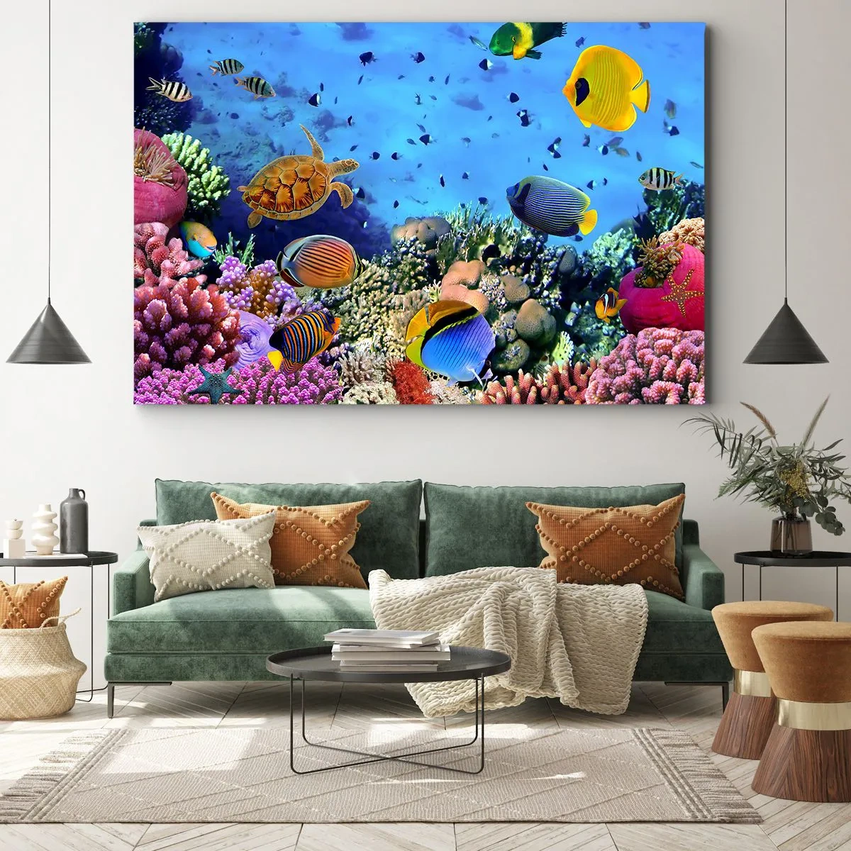 Canvas picture - Coral reef with colorful fish and a sea turtle - 70x50cm - What Do We Know about Life? - Modern wall decoration for the living room and bedroom ARTTOR
