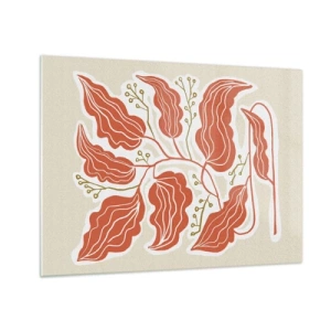 Glass picture - Coral leaves with a folk pattern on a light background - 70x50cm - Folk and Coral - Modern wall decoration for the living room and bedroom ARTTOR