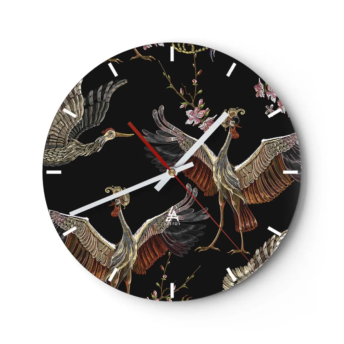 Wall clock - Clock on glass - Illustrative birds in flight against a background of floral branches and black - 30x30cm - Fairy Tale Bird - Modern wall decoration for the living room, kitchen, and bedroom ARTTOR